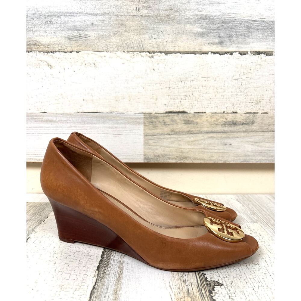 Tory Burch Womens 9.5 Brown Leather Karma Wedge Open Toe Heel Sandal Pump - Picture 2 of 9